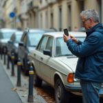 Homme en jeans et veste bleue prenant photo d'une voiture abandonnée