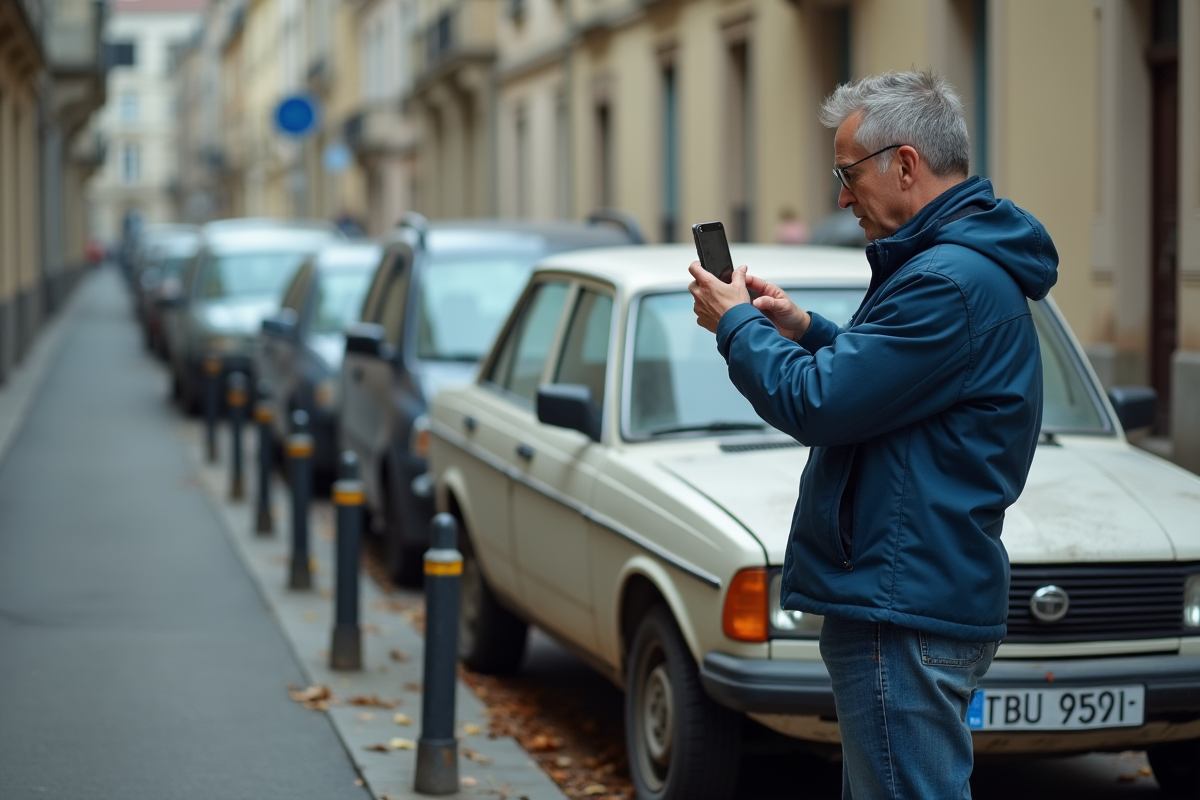 Homme en jeans et veste bleue prenant photo d'une voiture abandonnée