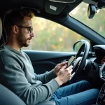 Homme dans sa voiture regardant son smartphone avec alerte