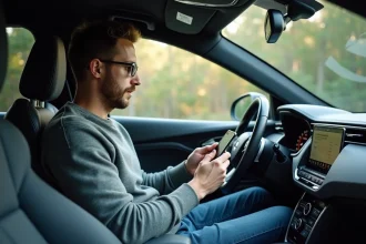 Homme dans sa voiture regardant son smartphone avec alerte