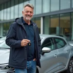 Homme souriant avec clés devant une Renault 12 2026