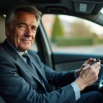 Homme en costume dans une voiture avec éthylotest