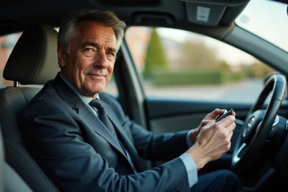 Homme en costume dans une voiture avec éthylotest