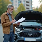 Homme d'une quarantaine examinant un moteur de SUV en ville