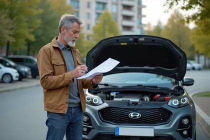 Homme d'une quarantaine examinant un moteur de SUV en ville