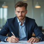 Homme concentré à son bureau dans un environnement officiel