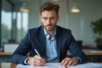 Homme concentré à son bureau dans un environnement officiel