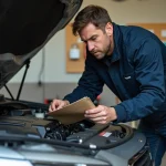 Homme consultant un manuel auto penché sur le moteur d'une berline dans un garage résidentiel