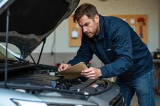 Homme consultant un manuel auto penché sur le moteur d'une berline dans un garage résidentiel