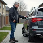 Homme examine l'échappement de sa voiture diesel dans la cour