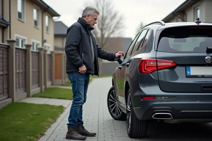 Homme examine l'échappement de sa voiture diesel dans la cour