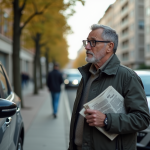 Homme français devant un SUV en ville avec journal