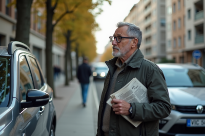 Homme français devant un SUV en ville avec journal