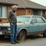 Homme regardant une vieille voiture abandonnée dans un quartier résidentiel