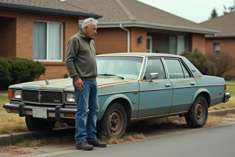 Homme regardant une vieille voiture abandonnée dans un quartier résidentiel