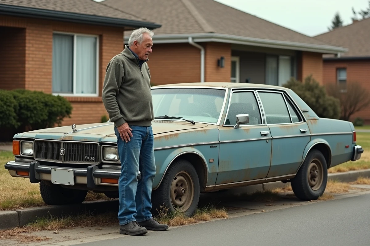 Homme regardant une vieille voiture abandonnée dans un quartier résidentiel
