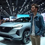 Homme en denim devant un véhicule concept lors d'un salon auto