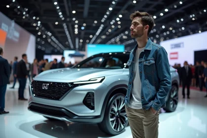 Homme en denim devant un véhicule concept lors d'un salon auto