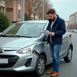 Homme regardant documents près d'une voiture endommagée en ville