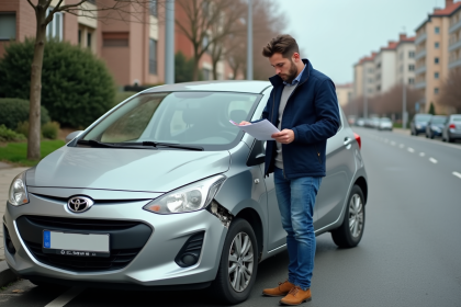 Homme regardant documents près d'une voiture endommagée en ville
