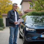 Homme d'âge moyen avec papiers et clés près d'une voiture