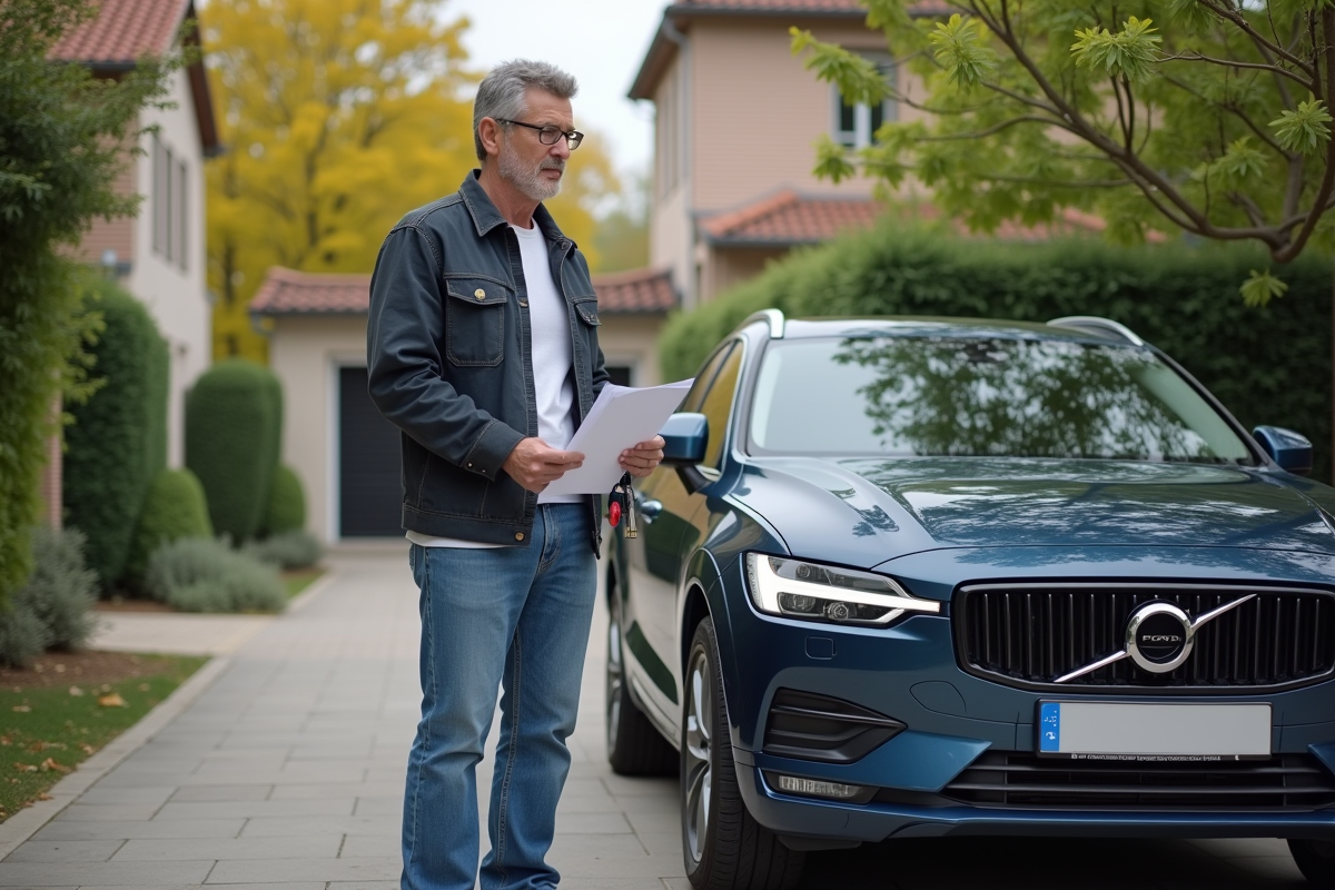Homme d'âge moyen avec papiers et clés près d'une voiture