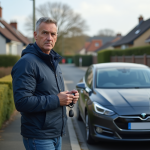 Homme pensif à côté d'une voiture diesel et électrique