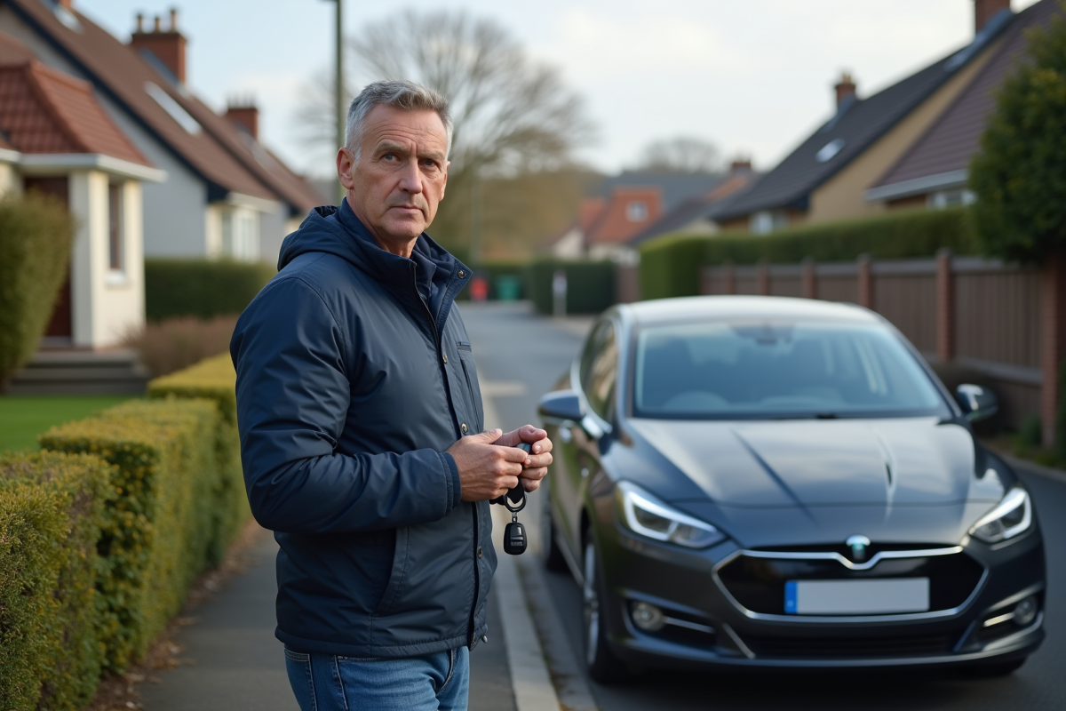 Homme pensif à côté d'une voiture diesel et électrique