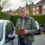 Homme d'âge moyen examine une voiture compacte dans un quartier résidentiel