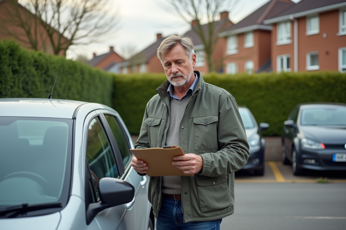 Homme d'âge moyen examine une voiture compacte dans un quartier résidentiel