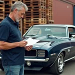 Homme examinant documents import voiture ancienne