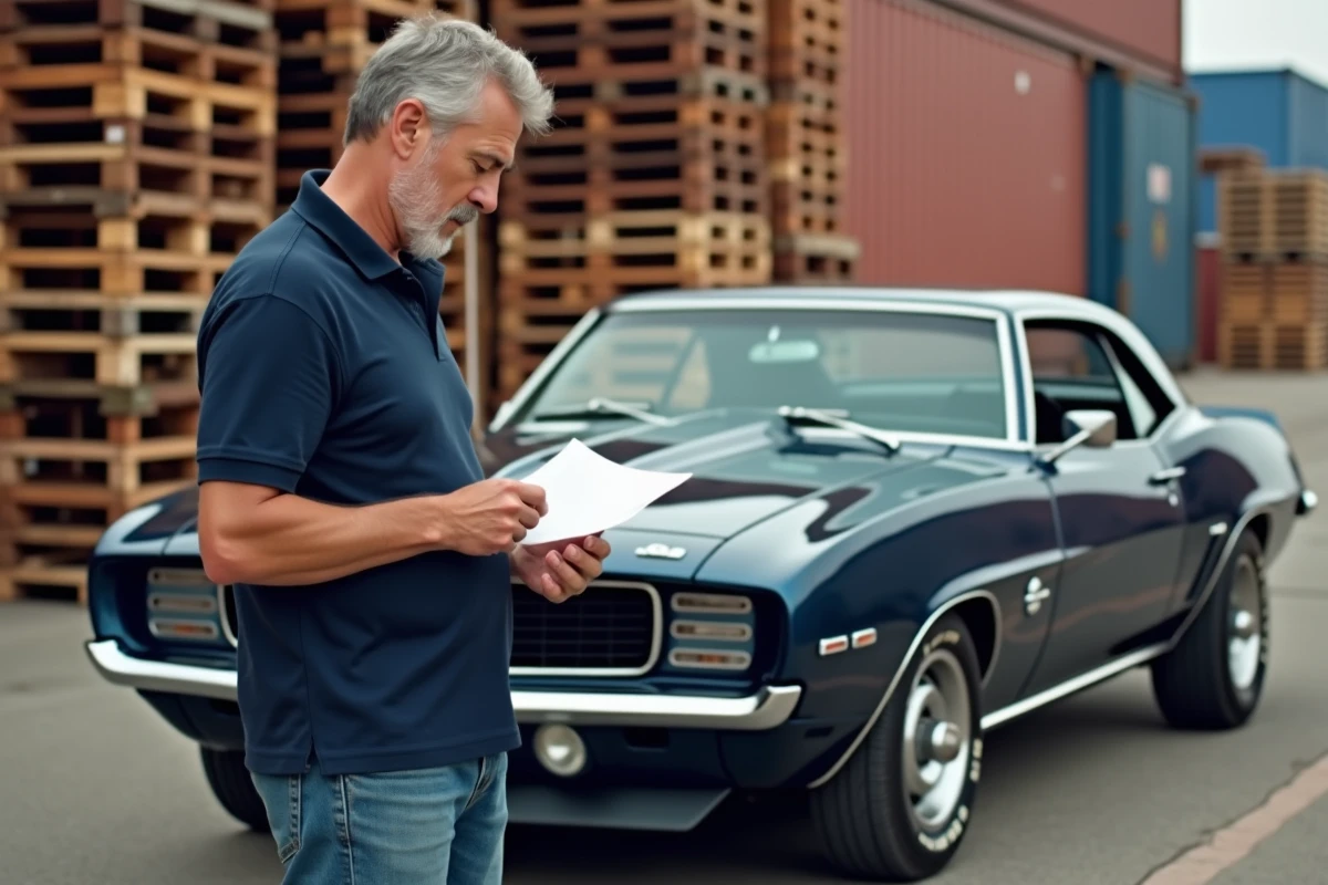 Homme examinant documents import voiture ancienne