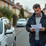 Homme vérifiant un document près de sa voiture en France