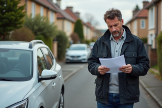 Homme vérifiant un document près de sa voiture en France