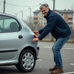 Homme inspectant une Peugeot 206 en lot de voitures d'occasion