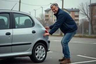 Homme inspectant une Peugeot 206 en lot de voitures d'occasion