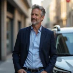 Homme confiant avec voiture urbaine moderne