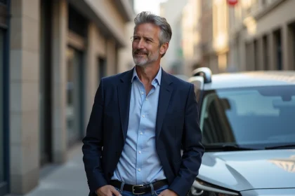 Homme confiant avec voiture urbaine moderne