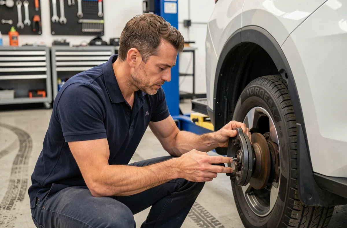 Ingénieur automobile inspectant le système de freinage régénératif d'une voiture hybride dans un atelier moderne