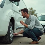 Homme inspectant la carrosserie d'un fourgon aménagé d'occasion dans un parc de véhicules, vérification sérieuse avant achat