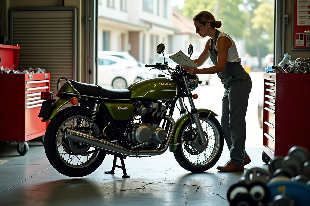 Mécanicienne inspectant le moteur d'une Suzuki 750 GT avec catalogue de pièces dans un garage ouvert