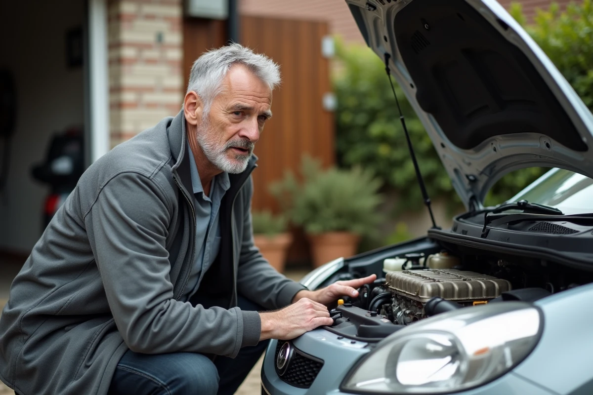 Homme d'âge mûr inspectant le moteur d'une voiture essence d'occasion dans une allée de maison individuelle