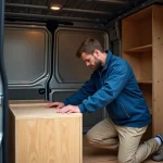 Homme installant des rangements dans un van Renault Trafic