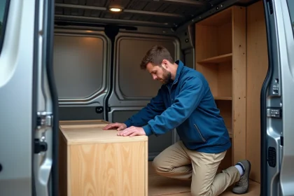 Homme installant des rangements dans un van Renault Trafic