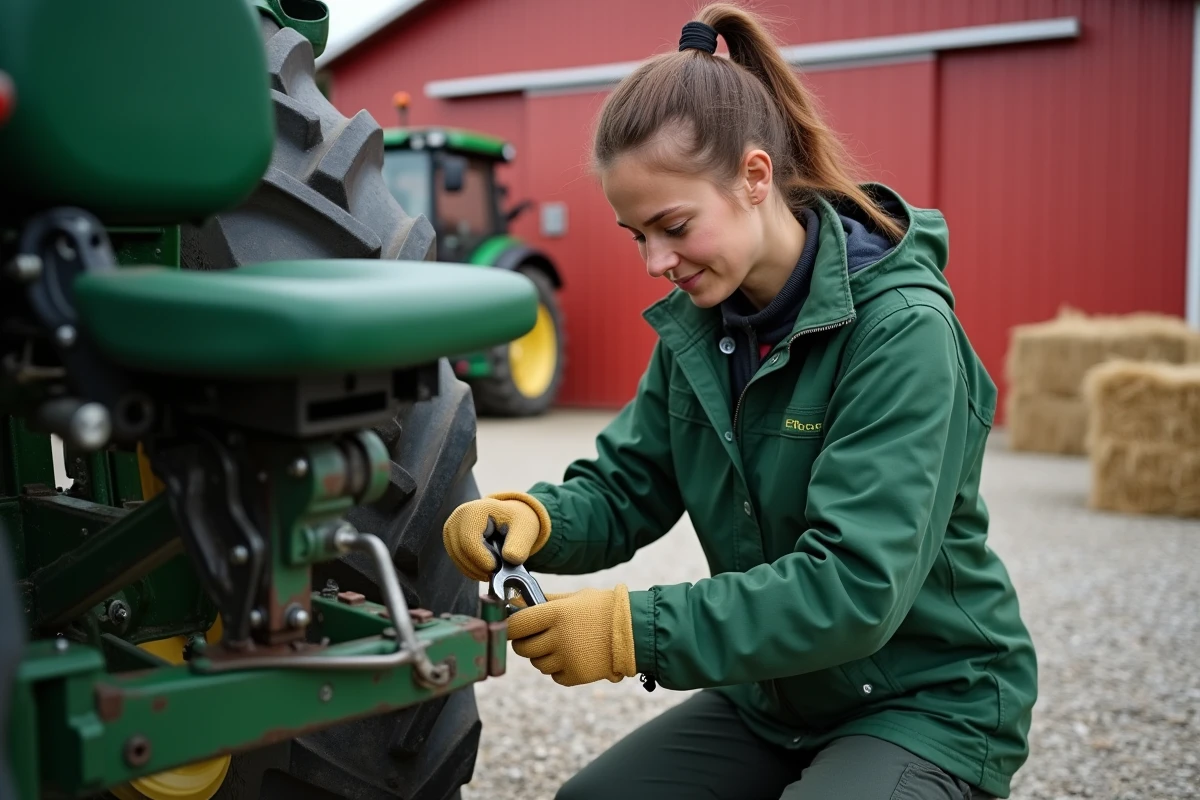 Technicienne agricole installant un nouveau mécanisme de suspension sur un siège de tracteur dans une cour de ferme