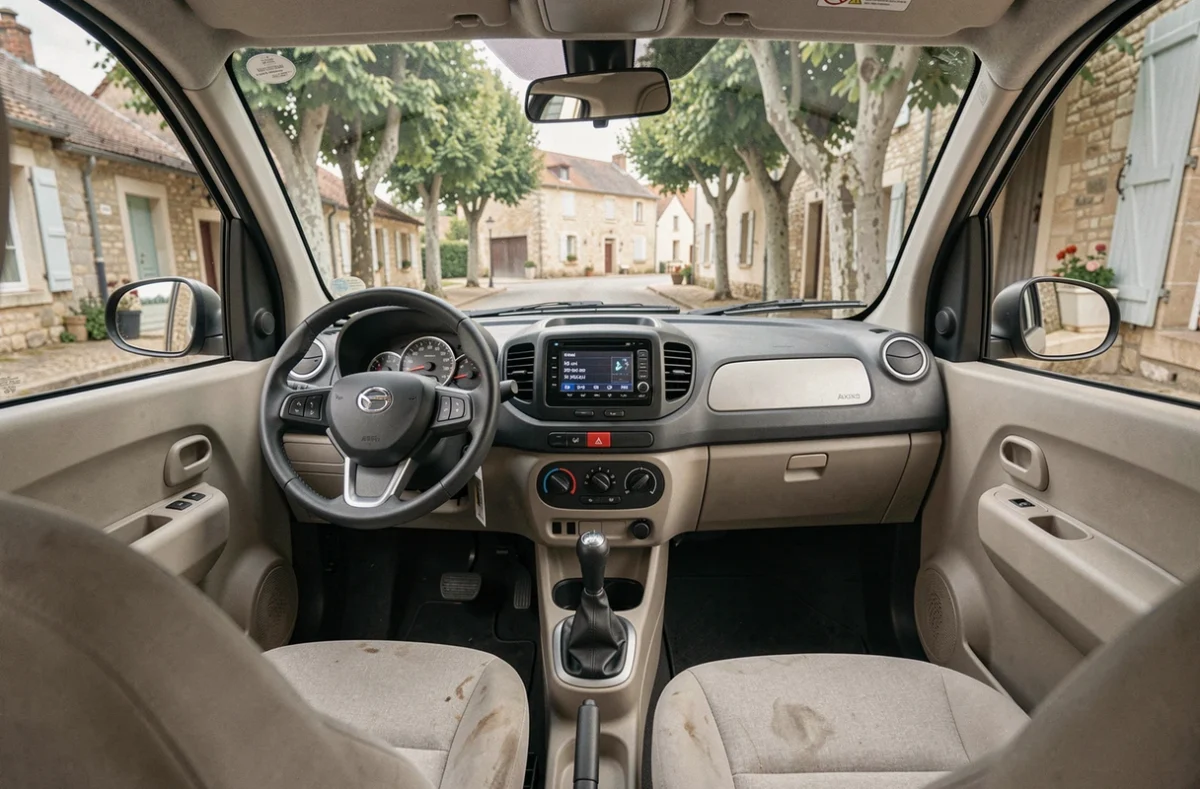 Intérieur d'une Aixam électrique d'occasion avec tableau de bord et volant, vue depuis le siège passager