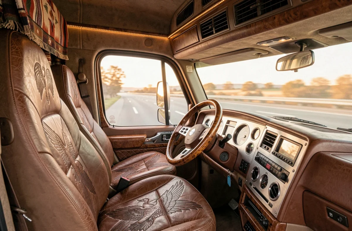 Intérieur personnalisé d'un Kenworth W900A avec sièges en cuir gravé, volant en bois et tableau de bord sur le thème Americana