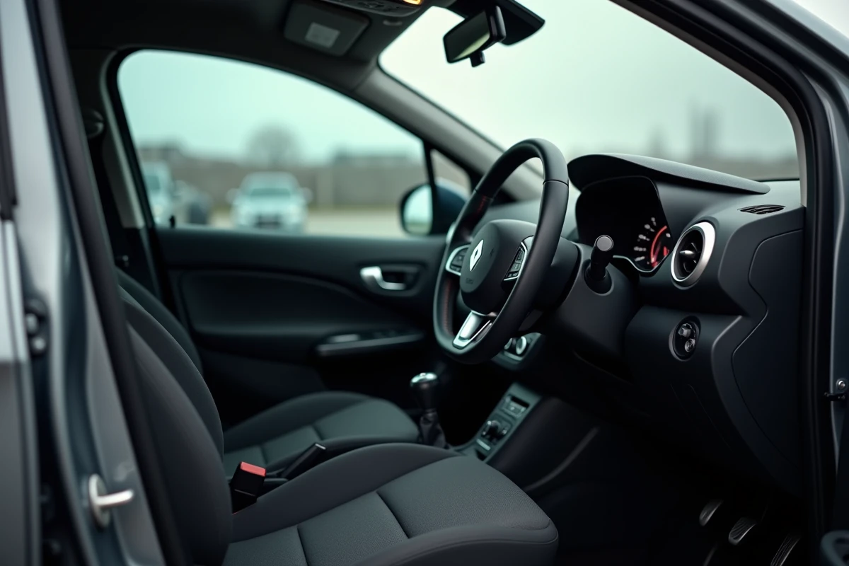Intérieur de la Renault Clio 5 grise avec tableau de bord numérique et sièges tissu vus depuis la portière ouverte