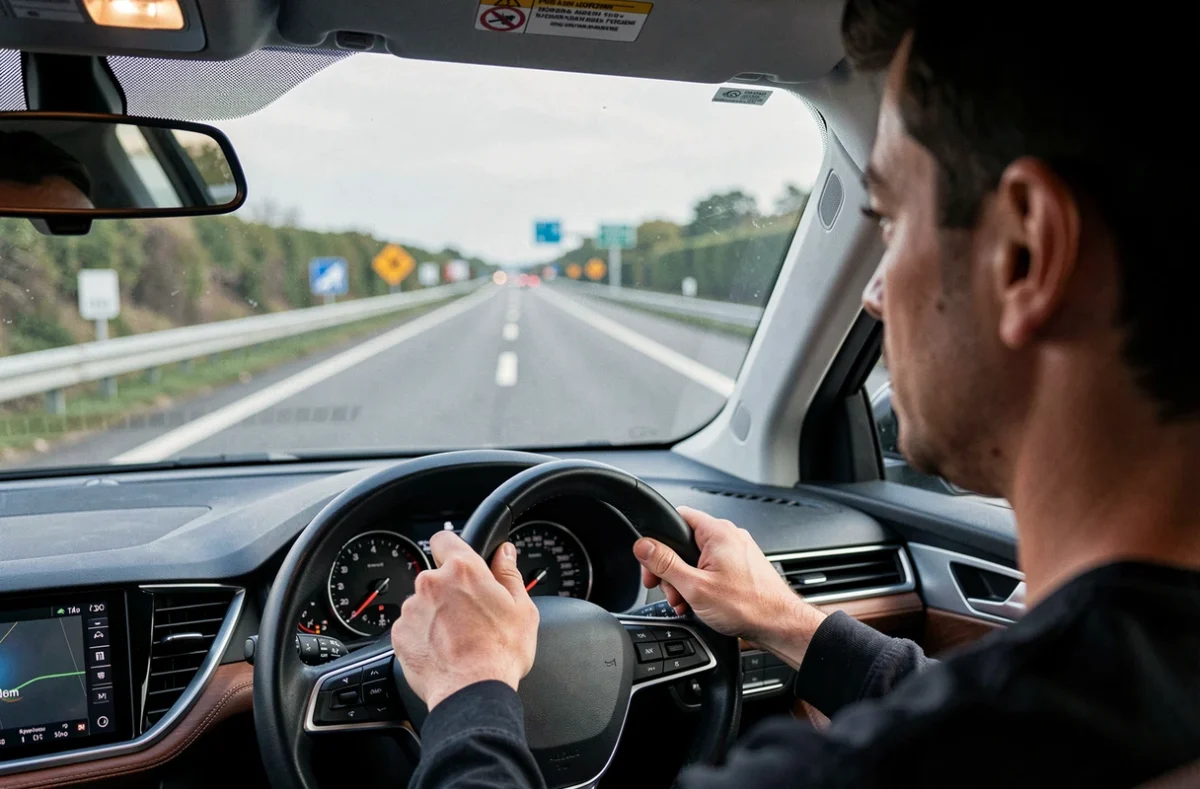 Vue intérieure d'une voiture roulant sur une autoroute gratuite en France, mains du conducteur sur le volant et route droite visible par le pare-brise