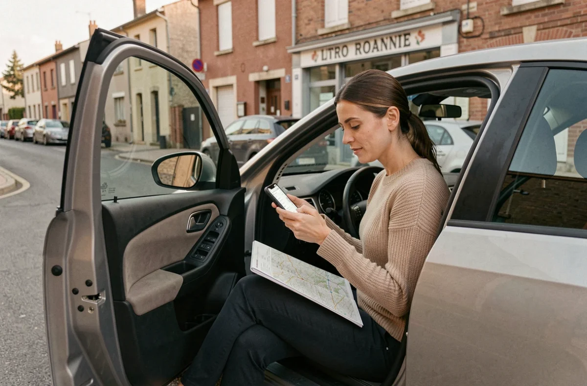 Femme consultant une application de navigation pour trouver l'itinéraire le plus économique en carburant autour de Roanne